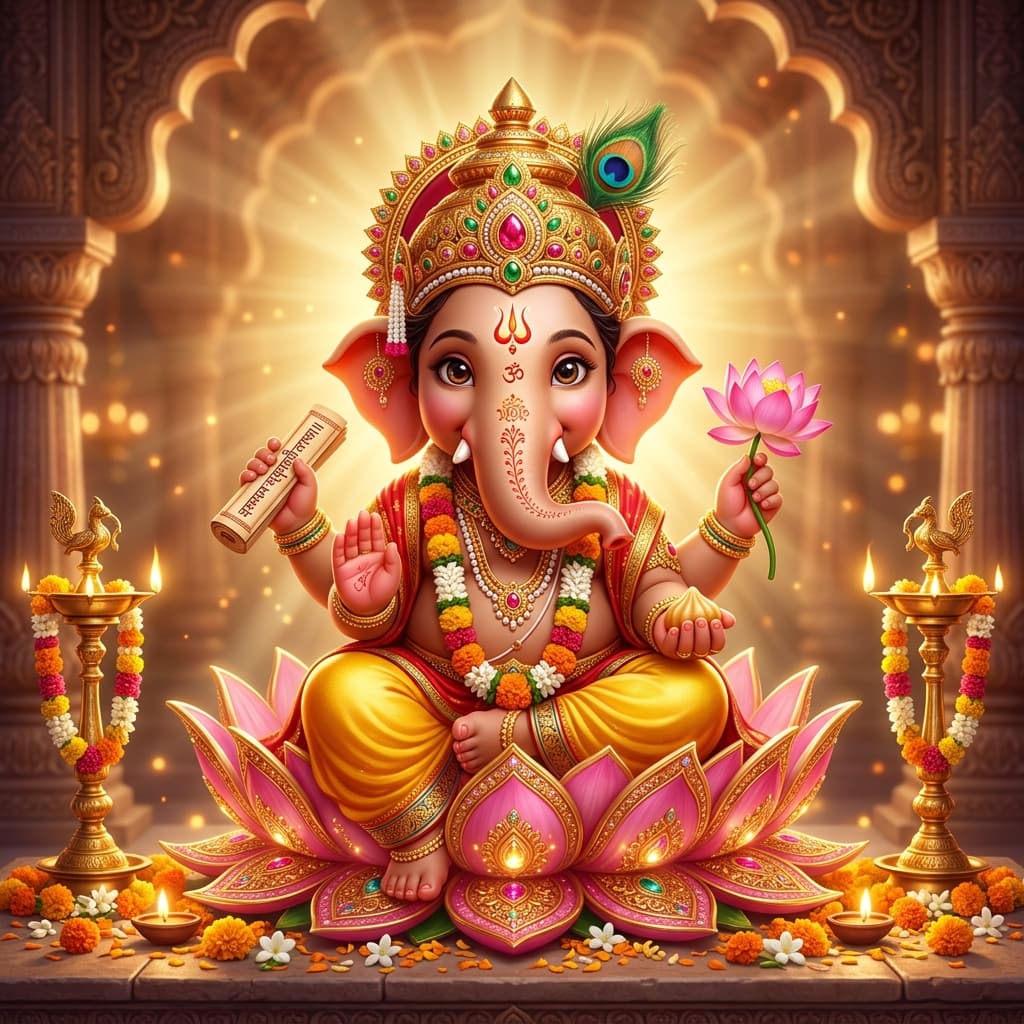 3D Bal Ganesha seated on Lotus with sacred scriptures and diyas