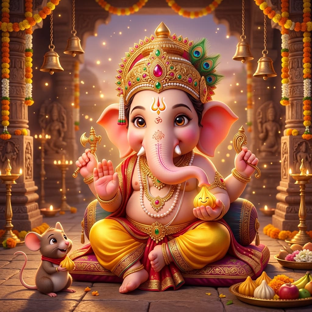 Adorable 3D Bal Ganesha with golden crown, modak, blessing pose and Mooshika mouse