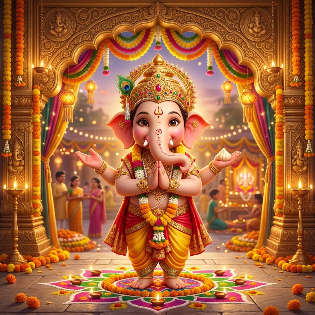 Bal Ganesha folding hands in Namaste welcoming all devotees to the 19th Year Celebration